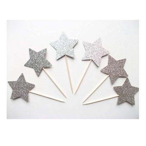 Glitter Silver Star picks (24 ct)